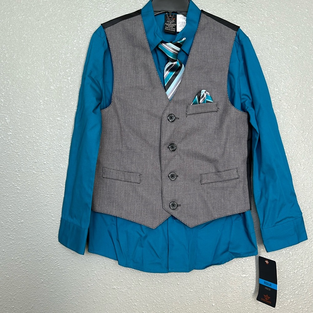 NWT Dockers Teal Dress Shirt, Vest, & Clip-On Tie Size 6